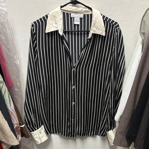 100% silk Black and White Striped Button-Up Shirt